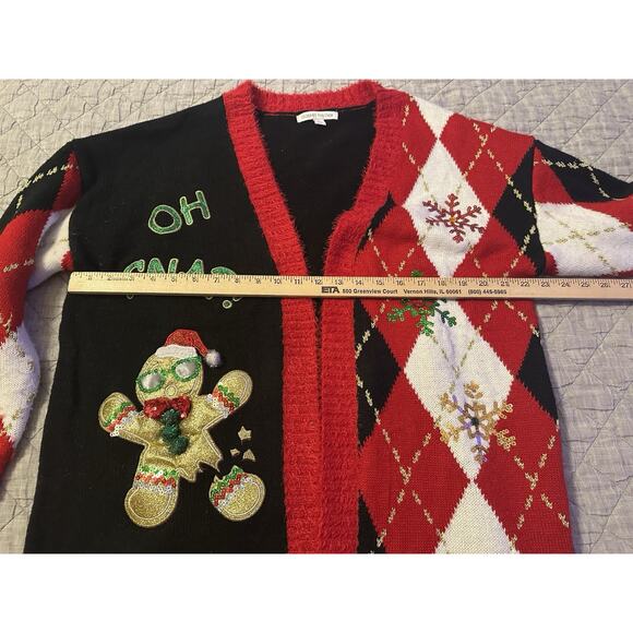 Celebrate Together Ugly Christmas Sweater Cardigan L Oh Snap Gingerbread Argyle - Picture 5 of 11